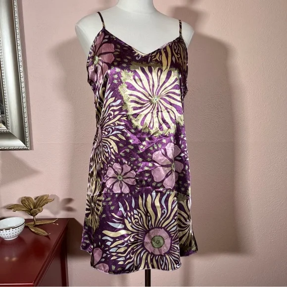 Vintage retro Asian floral royal purple green satin mini slip dress Robe set - Picture 13 of 16